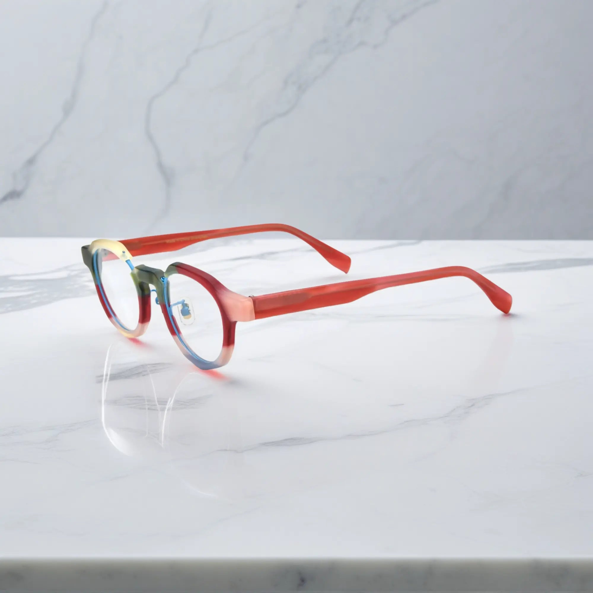 Side view of VoyueLens™ Rose Blush eyeglasses showing matte pink arms and clear pink rim